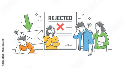 Career challenges and emotional resilience in a professional context where individuals face setbacks during the job search process, represented by a clear visual metaphor