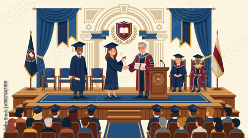 Graduate receiving diploma at commencement ceremony.