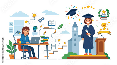 Graduate standing on a podium holding diploma.