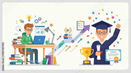 Graduate Student with Diploma and Trophy.