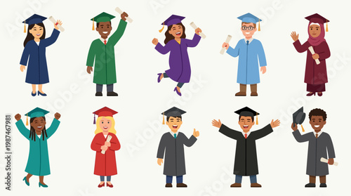 Graduates in colorful academic regalia celebrate.