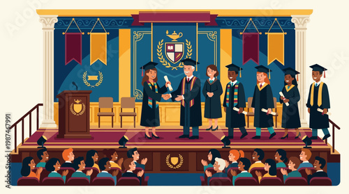 Graduates Receiving Diploma on Stage.