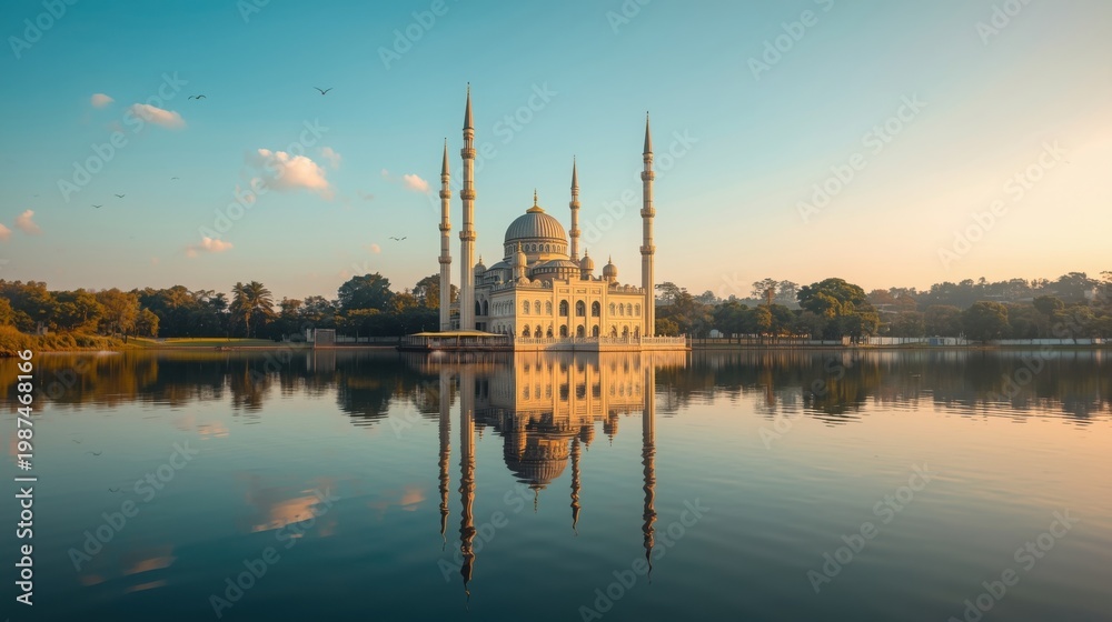 Obraz premium Beautiful white mosque with tall minarets reflected in calm lake water under clear blue sky with birds flying