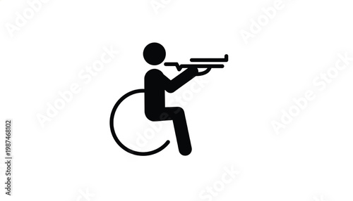 Shooter wheelchair icon with rifle aiming right side, black silhouette symbol for disability and hunting graphics