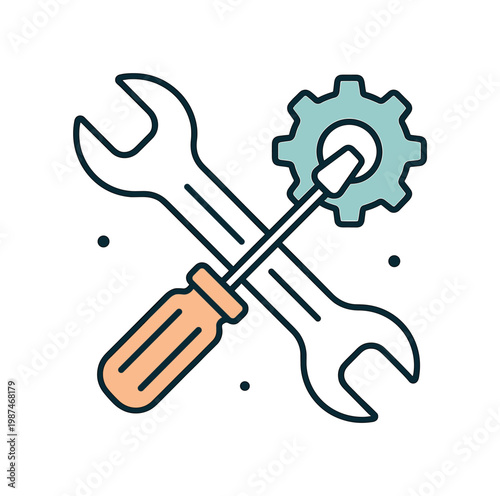 Construction and maintenance work in practical service environments, a simple crossed wrench and screwdriver paired with a small gear element symbolizing repair and