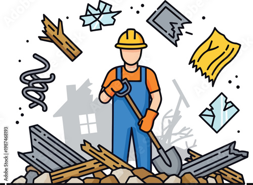 Professional cleanup worker with shovel clearing construction debris and house ruins for demolition concept
