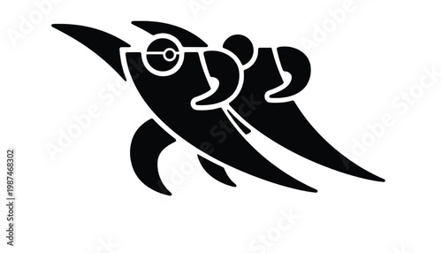 Rocket launch icon with circular camera-like control element, black silhouette style for technology and space navigation