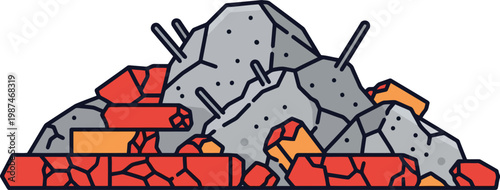 Professional illustration of a pile of concrete rubble and broken red bricks for construction waste or demolition site clearance concept
