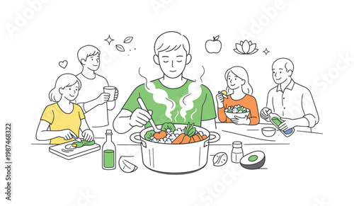 Individual cooking a healthy meal with focus and intention in a modern kitchen environment, represented through a metaphor of a cooking pot with neatly arranged