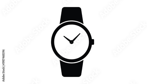 Watch icon with clock face and two hands, simple black and white line art for time management concepts