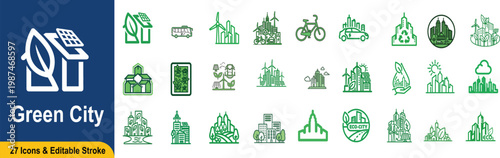 Green city set with eco friendly buildings transportation and nature symbols sustainable