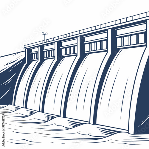 Illustration of a large dam with water flowing out of it