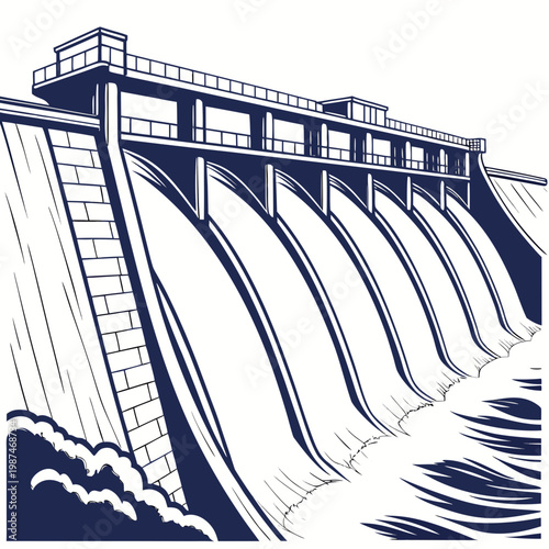 Illustration of a large dam with water flowing over it in a stylized graphic design