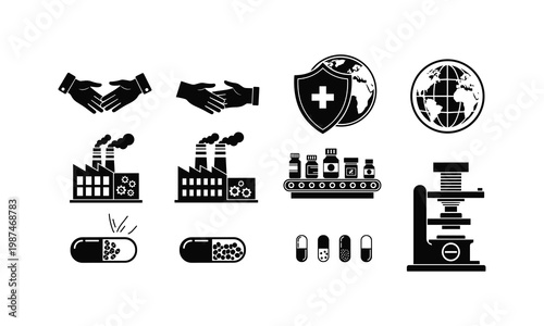 Illustrations depicting various aspects of global healthcare and pharmaceutical industry