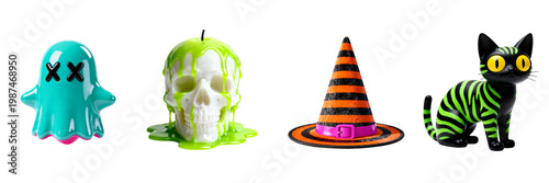 3D rendered Halloween set with cute ghost melting skull witch hat and neon striped cat on a transparent background