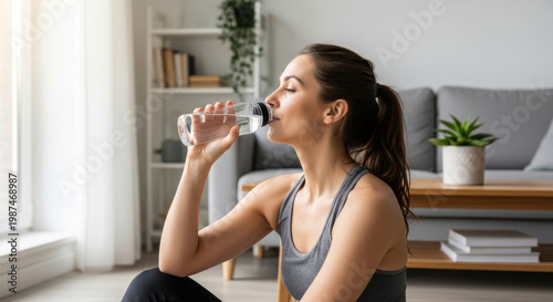 mulher com roupas esportivas em casa bebendo água