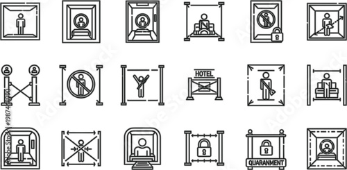 Hotel safety and public space restriction line icons set featuring distancing signs, access control, quarantine and security measures collection