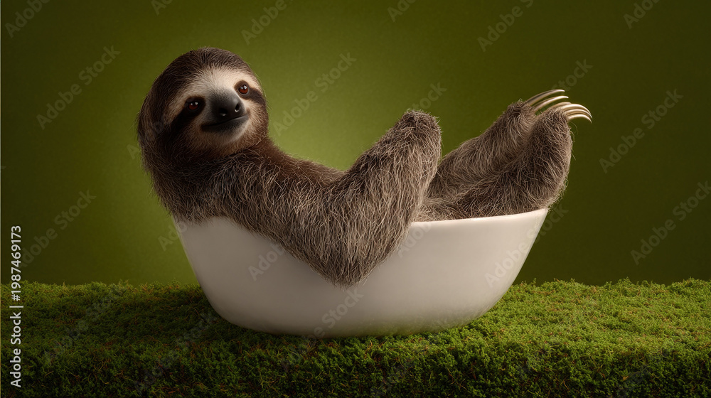 Fototapeta premium Sloth Relaxing in a Ceramic Bowl on Mossy Background