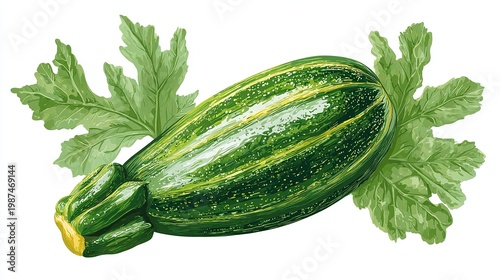 A vibrant green zucchini with yellow stripes and leaves on a white background