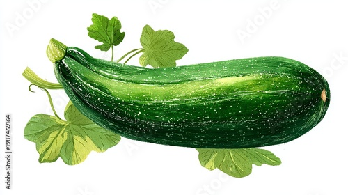 A vibrant green zucchini with leaves on a white background