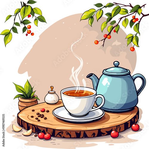 Tea set with teapot and cup in cozy natural setting, warm beverage scene with plants and decorative elements illustration
