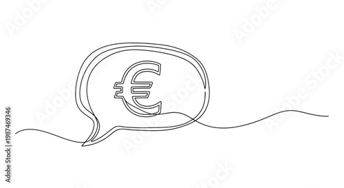 Euro currency symbol in speech bubble with wavy line in one continuous drawing