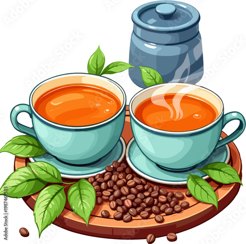 Two cups of hot tea with beans and leaves, cozy drink composition with warm beverage and natural elements illustration