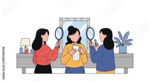 Women Looking at Mirrors in Bathroom with Accessories and Plants
