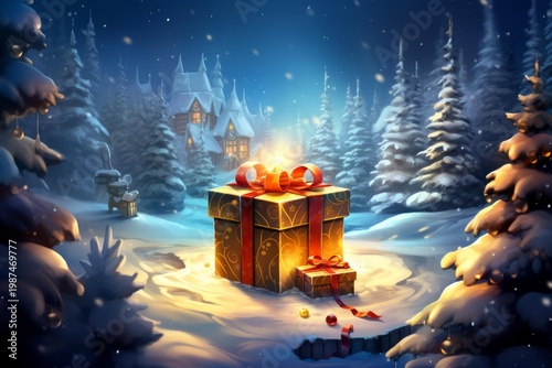 Glowing christmas gift package placed in a snowy winter forest at night