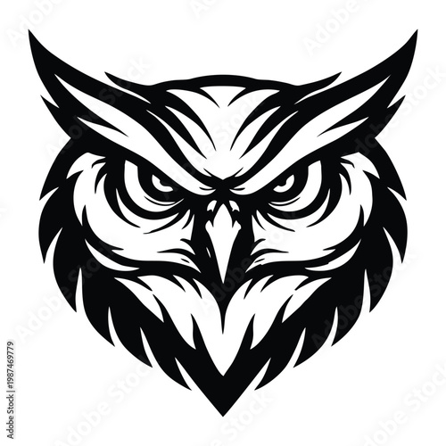 Intimidating Owl Head Mascot Vector Illustration Bold Black and White Bird of Prey