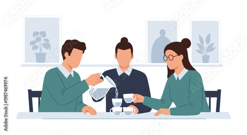 Three People Enjoying Tea Time in Modern Kitchen