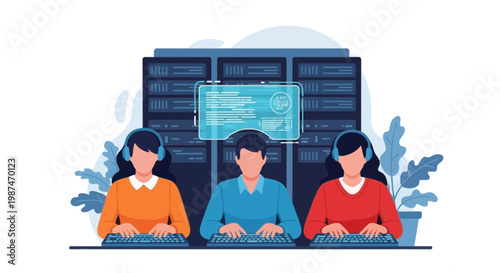 IT professionals working with computer servers and data analysis in a data center