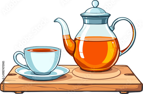 Glass teapot with tea and cup on table, warm herbal drink concept with transparent teapot and hot beverage illustration
