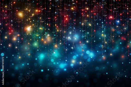 Abstract background with hanging festive lights creating a vibrant bokeh effect