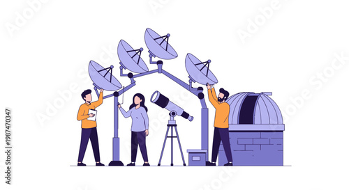Astronomy Researchers Using Telescopes and Satellite Dishes