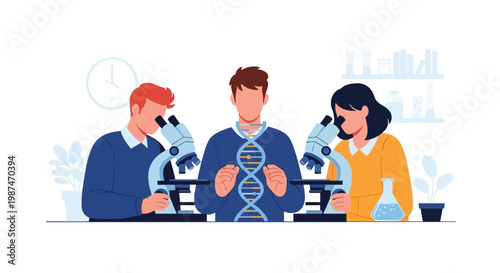 Scientists Analyzing DNA in Laboratory with Microscopes