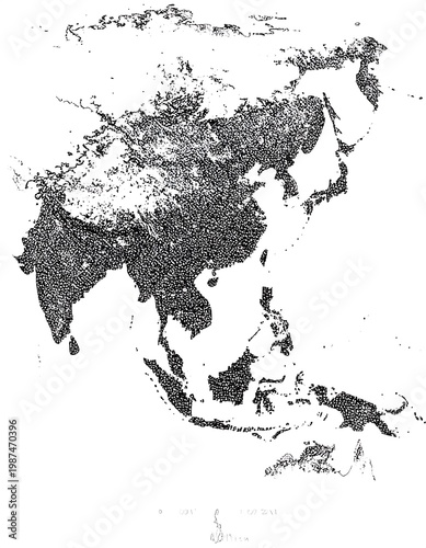 Detailed illustration depicting a continental landmass, likely Asia. The grayscale map-like design features landmass outlines