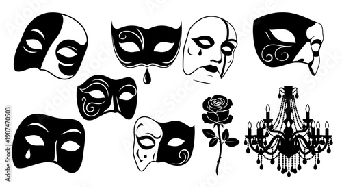 A set of black and white theatrical masks and a rose with a chandelier