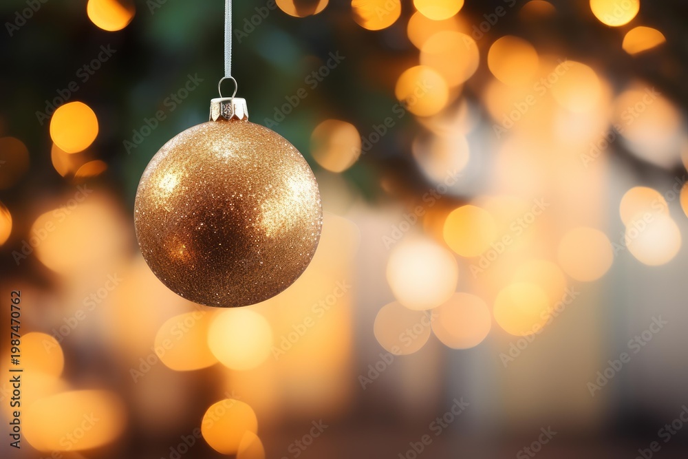 Fototapeta premium Golden glittery bauble decoration hanging from a christmas tree branch with bokeh lights