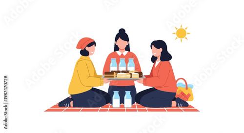 Group of Young Women Enjoying Picnic on Carpet