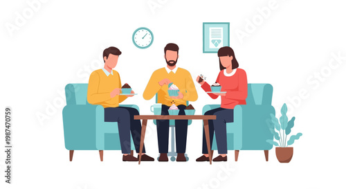 Casual Friends Gathering in Living Room with Drinks and Snacks