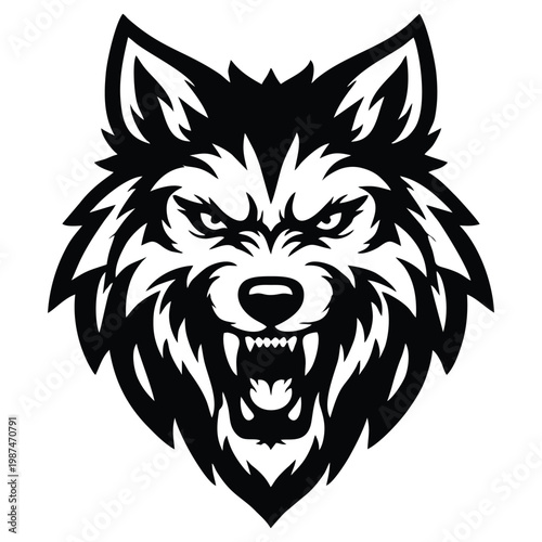 Angry Wolf Face Mascot Vector Illustration Bold Black and White Wild Animal Head