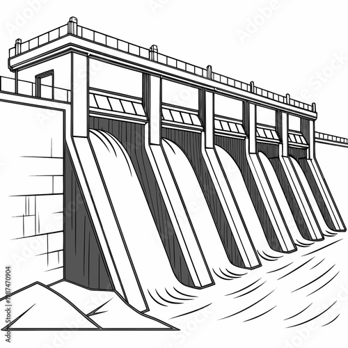 A large dam with multiple gates releasing water, , illustrating hydroelectric power generation and water management