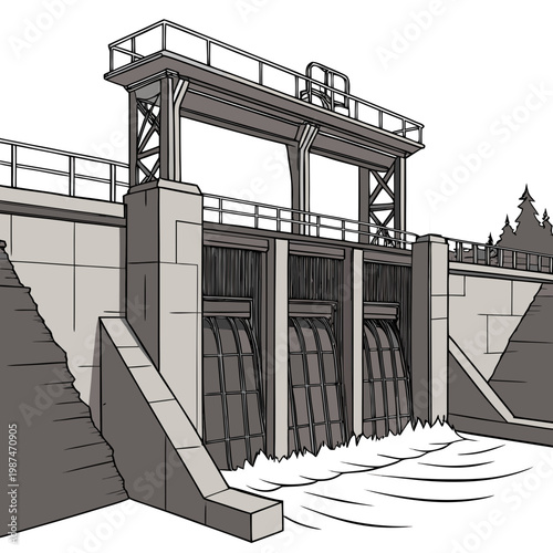 Illustration of a dam with gates releasing water, surrounded by concrete walls and railings