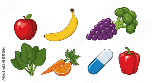 A colorful vector graphic illustration of healthy food and vitamin supplement