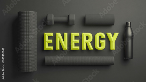 Modern Fitness Equipment Including Foam Roller Dumbbells and Water Bottle Next to Bold Yellow Text Energy on Dark Grey Background