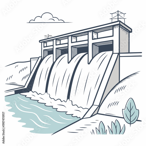 Illustration of a dam with water flowing out, hydroelectric power plant structure with spillway gates releasing water into a river below