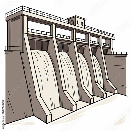 Illustration of a large dam with multiple water gates releasing water
