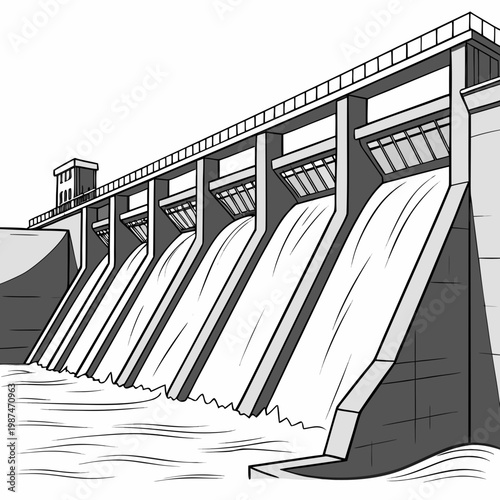 A large dam with multiple water gates releasing water