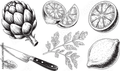 lemon slices, herbs, knife, and whole lemon